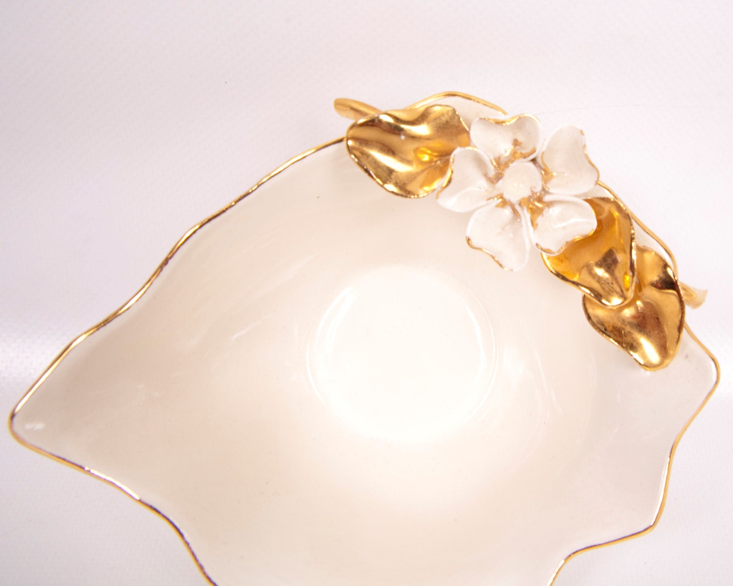 Vintage California Porcelain Nappy Ivory Bowl Raised White Flower Raised Gold Leaves Hand Painted
