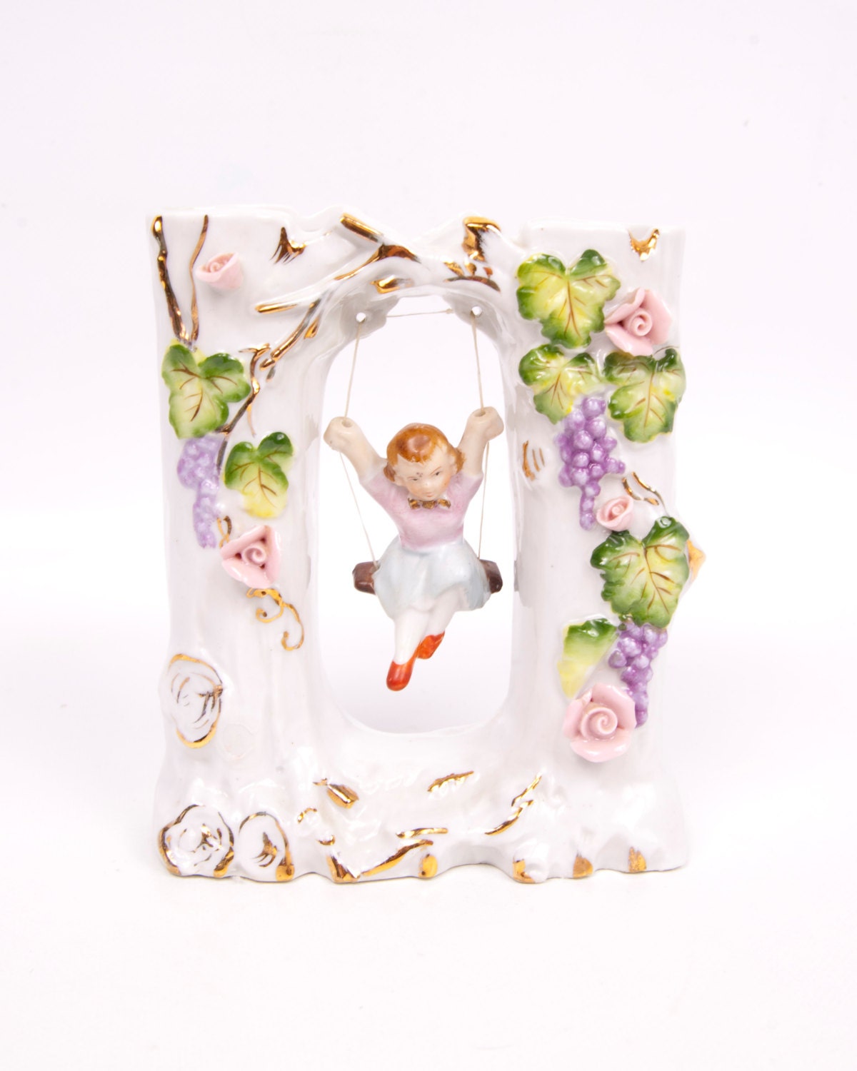 Vintage Double Vase Girl Swinging Applied Pink Roses Raised Porcelain