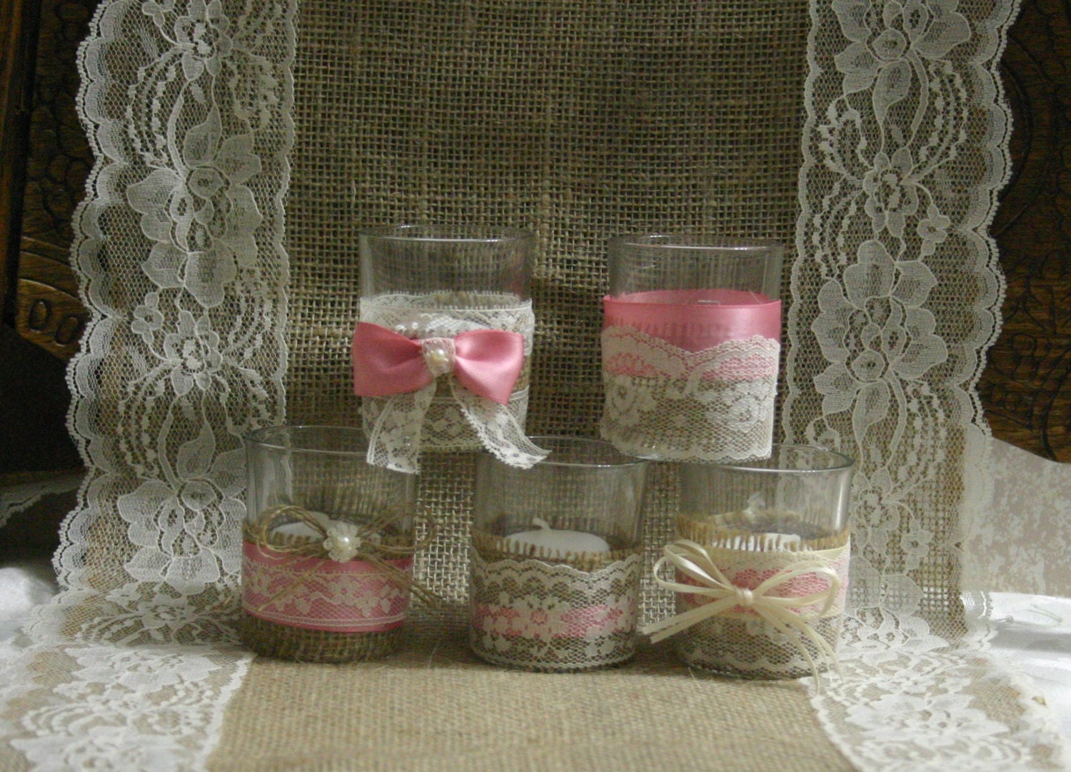 Burlap and lace wedding tea candles, Victorian wedding centerpiece,