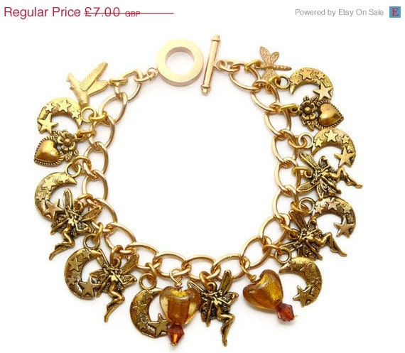 ON SALE Half Price Fairy Charm Bracelet, Moon, Stars, Fairies, Birds, Dragonflies, Gold, Charms - Last one