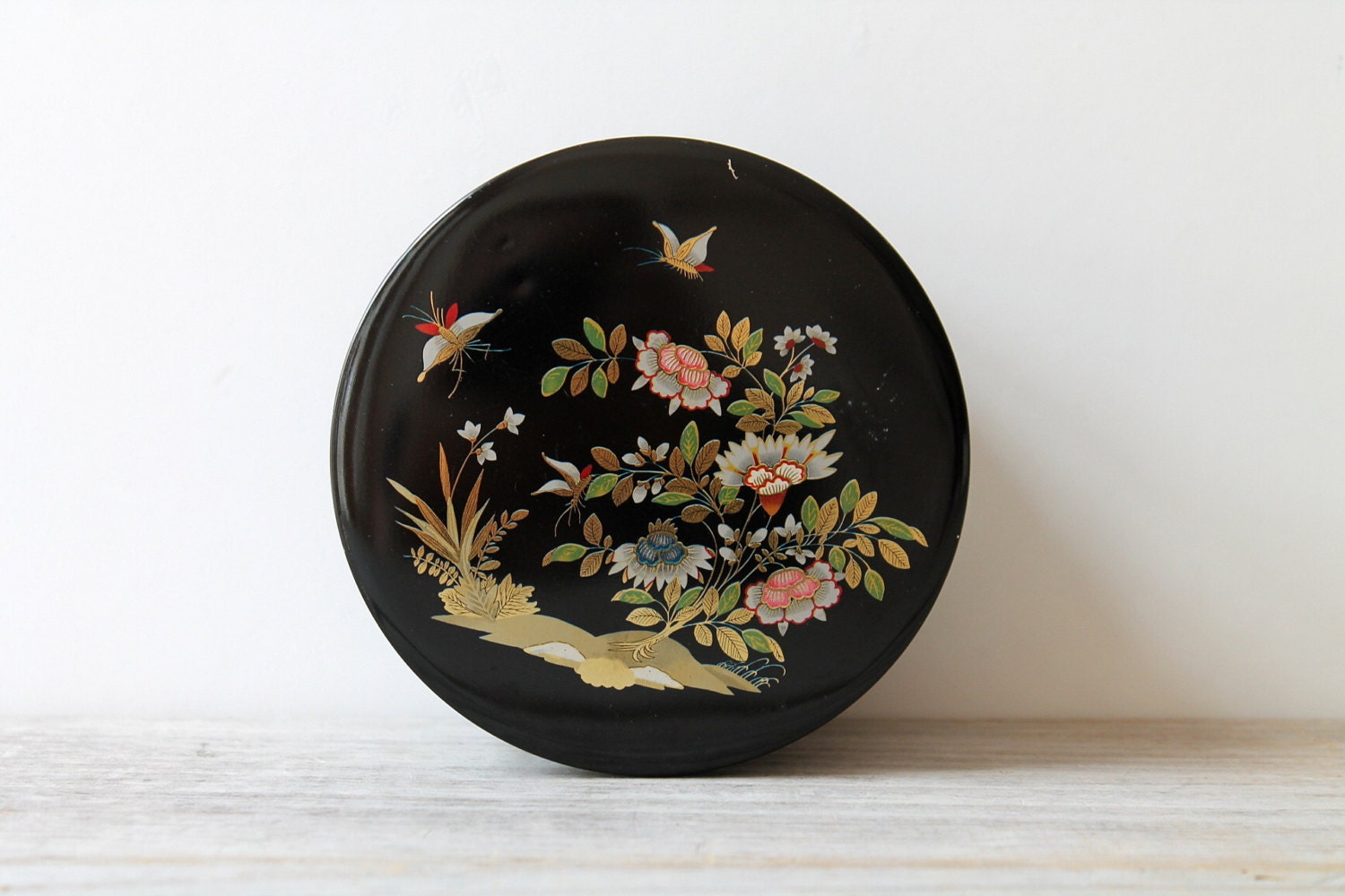 Vintage Asian style candy box / home decor / trinket box / upcycled gift box / black tin / cottage chic / storage box / flowers