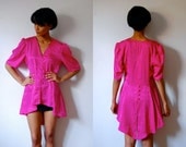 Vtg Pink Fishtail Floral Tonal Print Button Down Top Dress