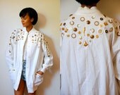 Vtg Gold Treasure Embellished Button Down White Light Jacket