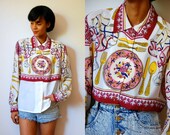 Vtg Table Set Printed Gold Burgundy White Button Down Shirt