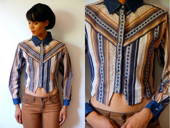 Vtg Cropped Tribal Printed Button Down Cotton LS Shirt