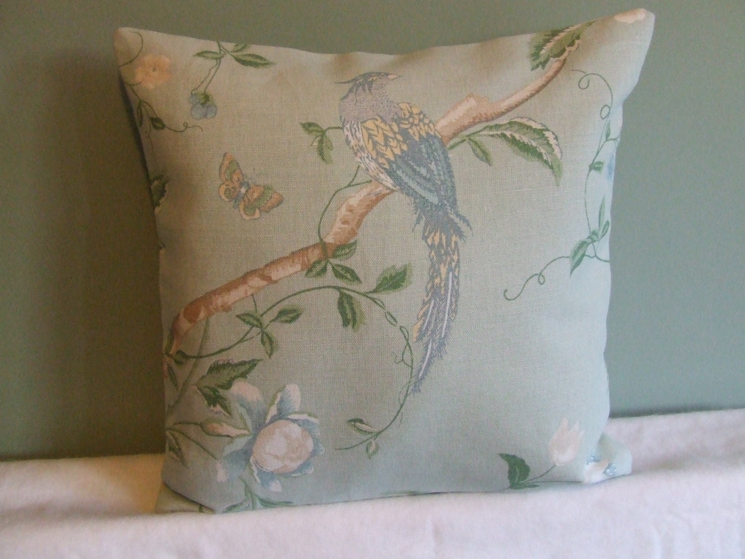 Contemporary modern duck egg green, blue cream bird flowered 16" x 16" cushion cover, scatter cushion, pillow case
