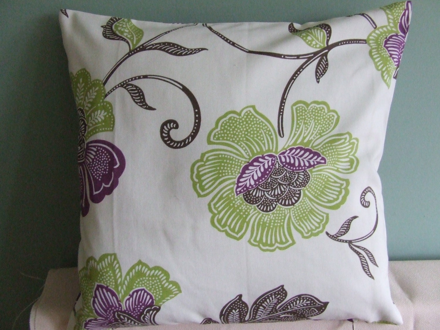 16" Handmade contemporary modern pistachio green, purple cream flowered cushion cover, pillow, pillow case, scatter cushion.