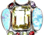 Mufti-Faceted, Multi Gemstone Pendant On Leather Chord( Fire Opal, Topaz, Garnet, Peridot and Amethyst) " Fire shine"