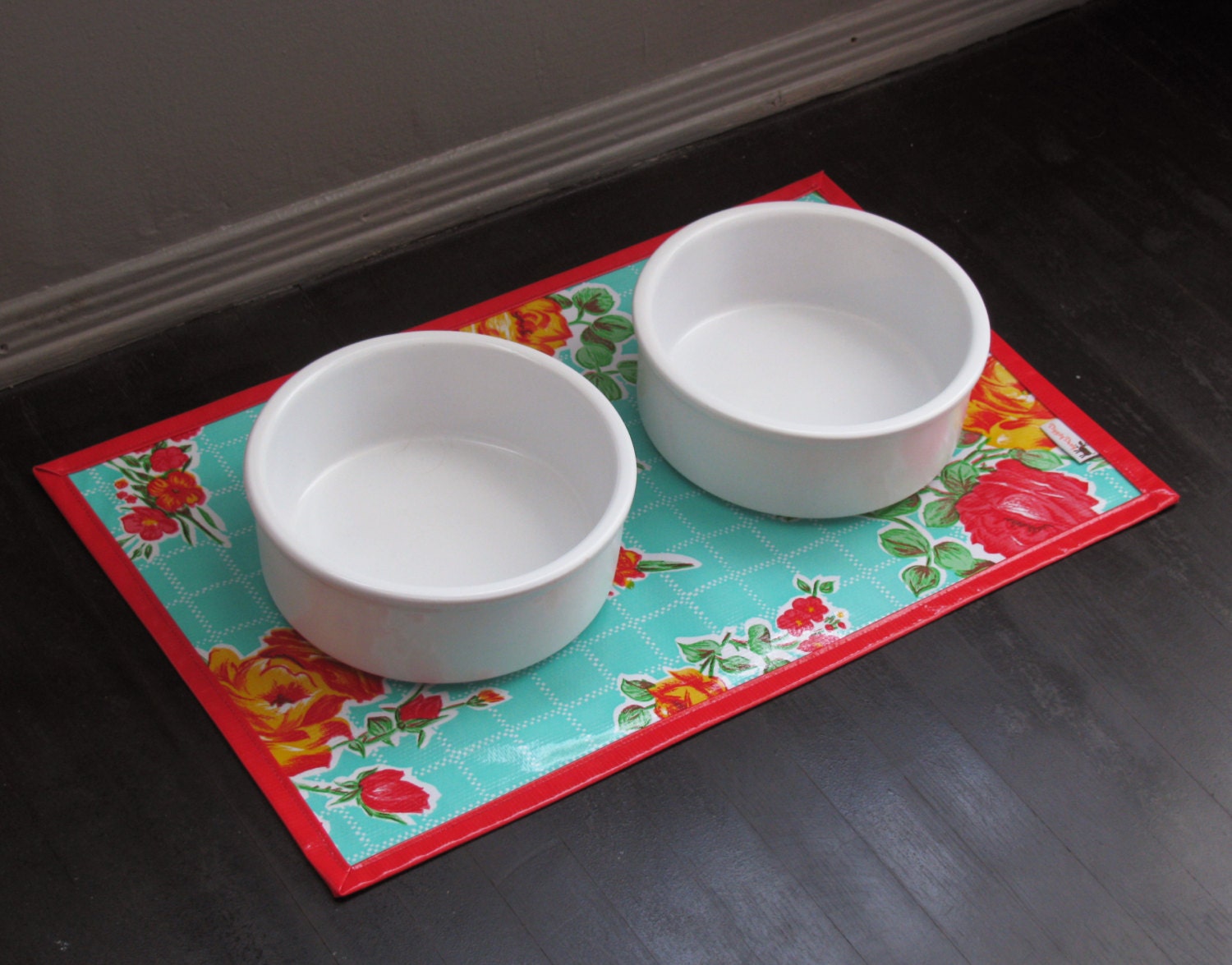 Aqua & Red Rose Floral Print Waterproof Pet Placemat