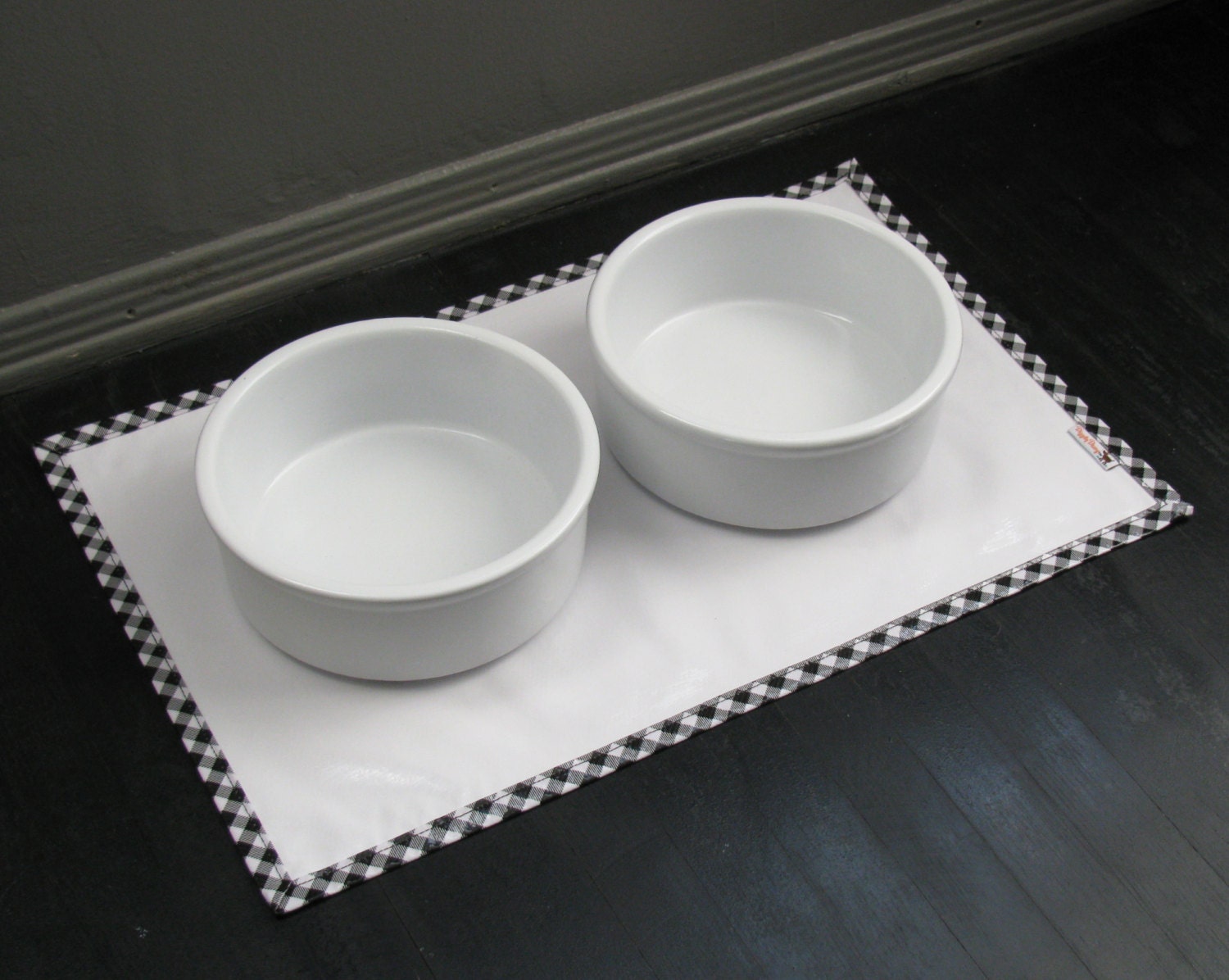White with Black Gingham Border Waterproof Pet Placemat