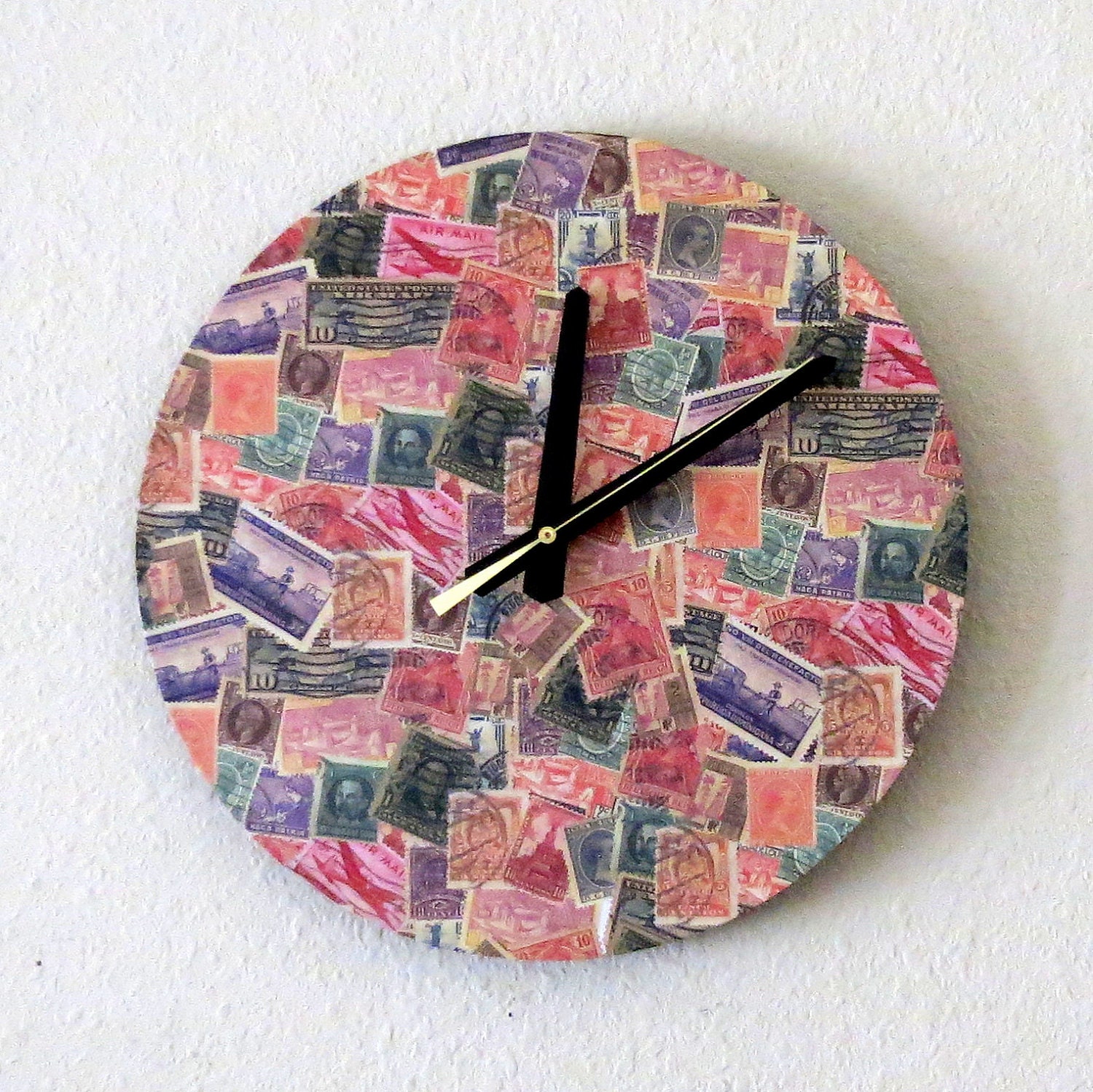 Shabby Chic Wall Clock, Home Decor, Stamp Collector,  Unique Wall Clock,  Decor and Housewares, Home and Living