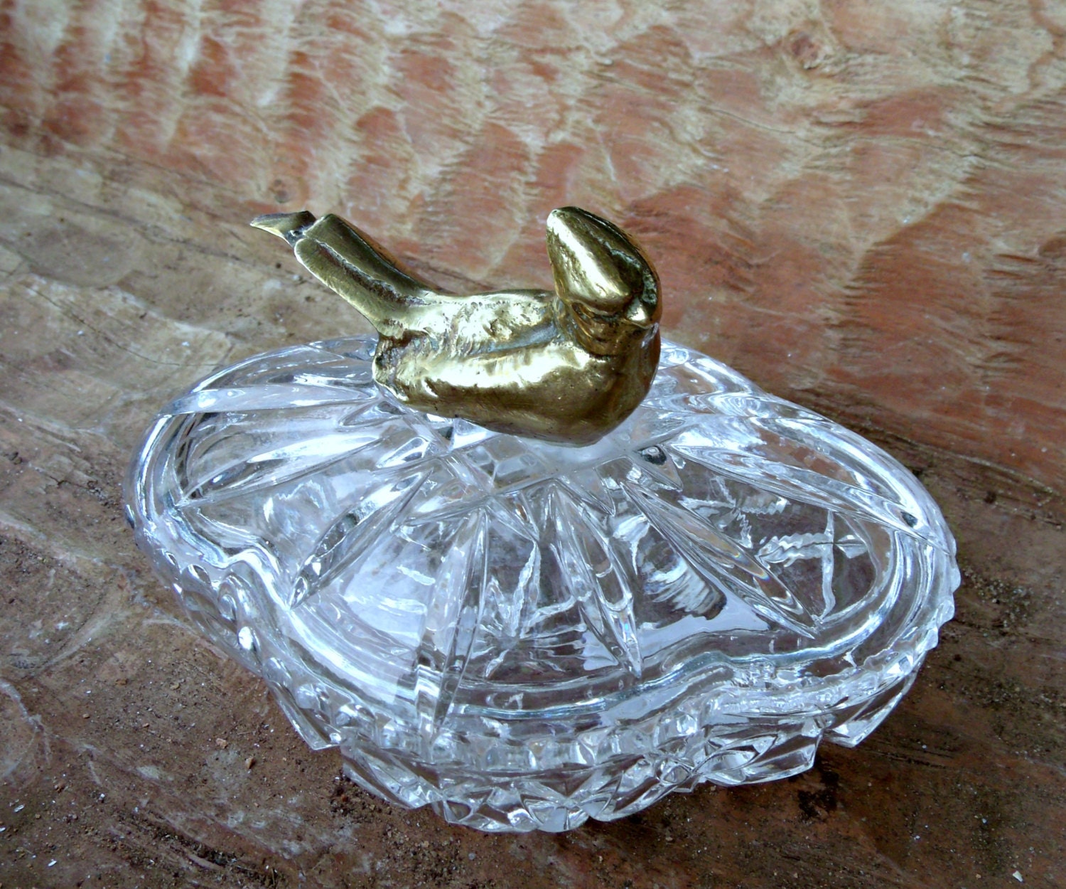 Vintage Glass dish with lid. Solid Brass Bird Embellishment. Jewelry Display. Trinket holder. Glass Holder. Jewelry Holder