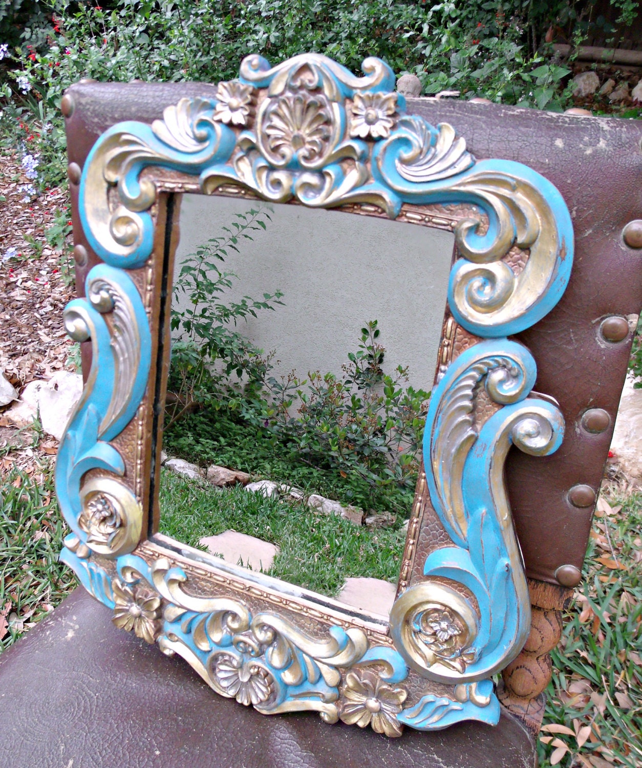 Turquoise and Gold Hand painted Mirror. Repurposed Vintage Ornate Mirror. Chalk board Painted and distressed frame. Gold Metallic Paint.