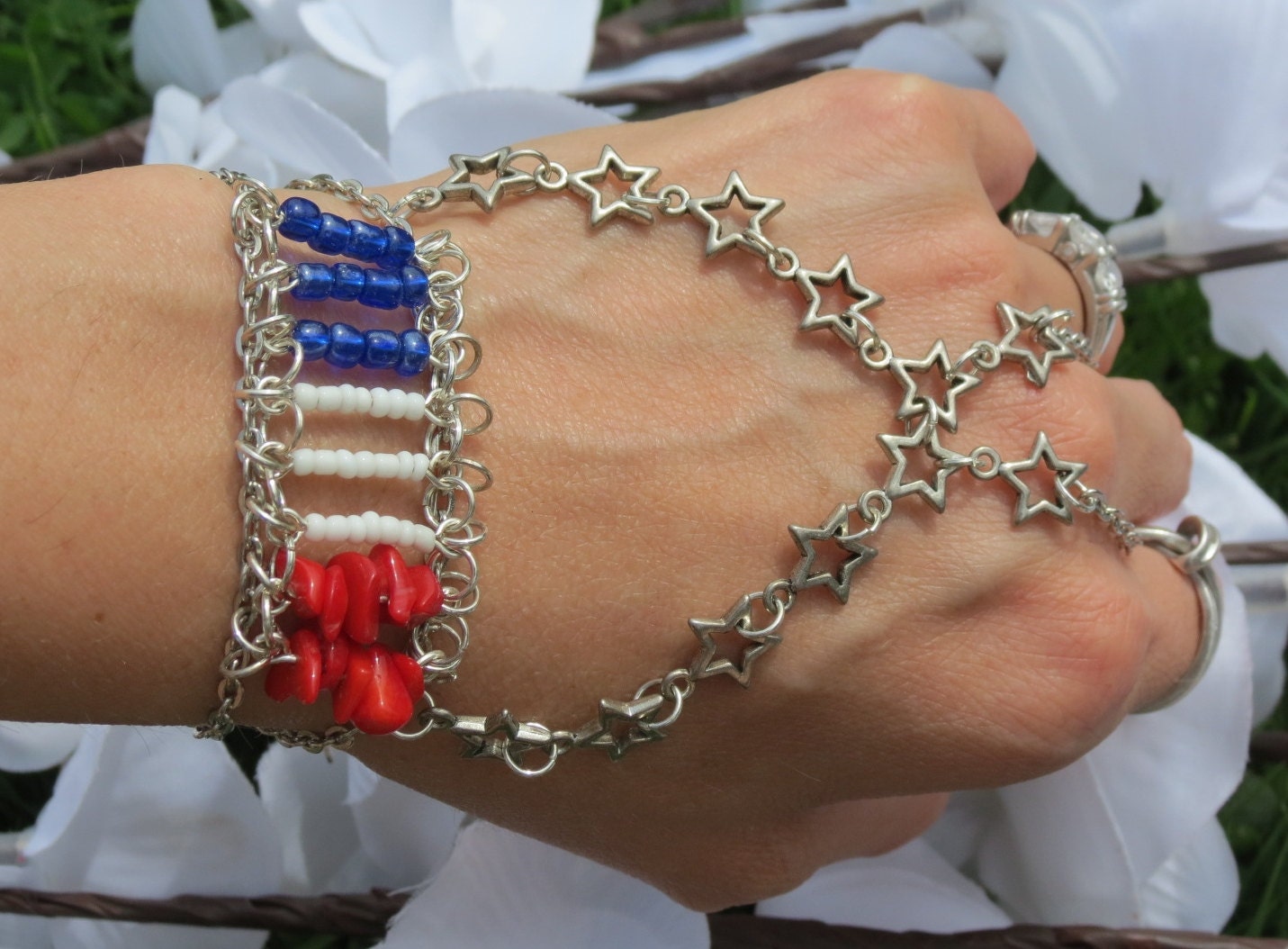 American Slave Bracelet, Ring Bracelet, Red, White, Blue,Flag Bracelet, Patriotic Jewelry, Patriotic Bracelet, Star, Hand Jewelry,Sized