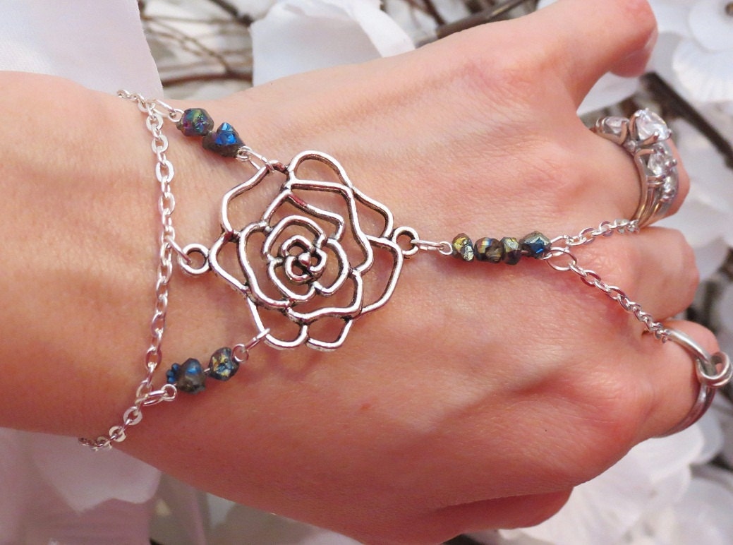 Rose Druzy Slave Bracelet Ring. 6mm Titanium Drusy Rainbow Chip Beads Free form. Rose Connector. Silver Bracelet Ring. Custom Sized Bracele