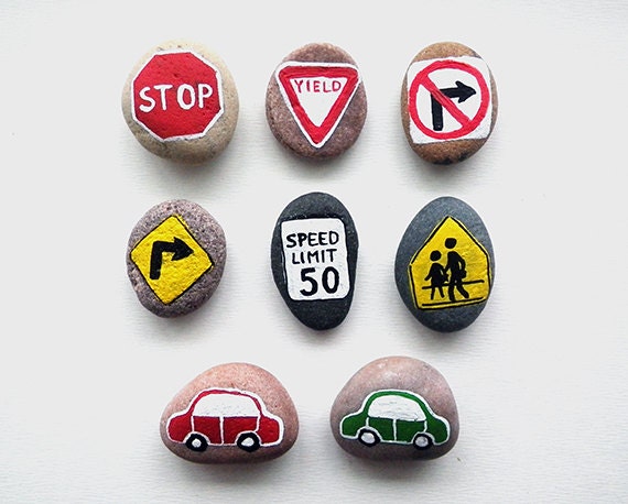 6 Road Signs and 2 Cars with Magnets, Traffic Symbols, Play for Magnetic Chalkboard, Gift Idea for Boy, Painted Beach Pebbles, Sea Stones