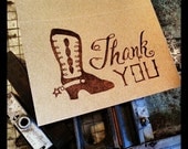 Thank You Cards Linocut Country Western Notecards Retro Rustic Cowboy Boot Old Timey Set of Four by Heather McCaw Art