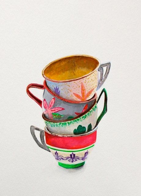 Tea Cup Painting Antique Toy Realistic Still Life Gouache on Paper 17 x 24 centimeters By Heather McCaw Kerley