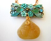 Golden Yellow Sea Glass necklace with turquoise rhinestone accents