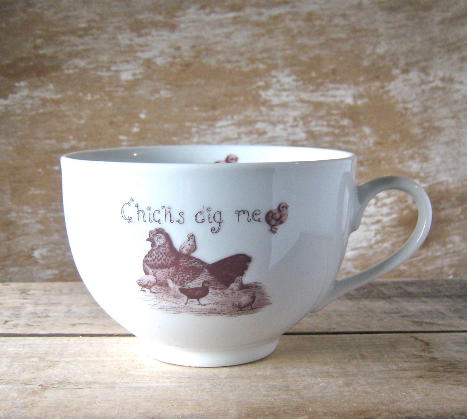Urban Homesteader Mug, Chicks Dig Me, Left or Right Handed, Chickens Chicks Rooster, 23 oz Huge Cappuccino Cup Recycled Mug, Ready to Ship