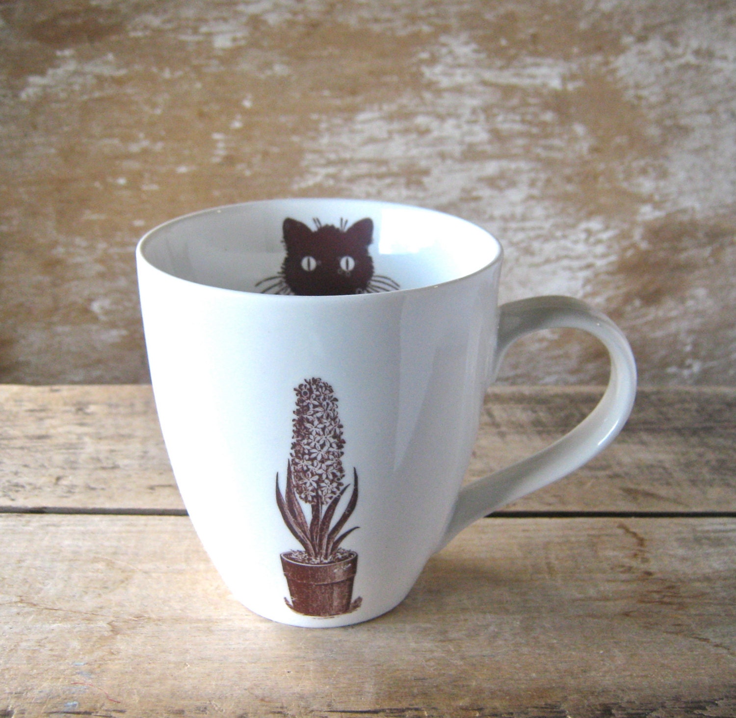 Mug Kitty Cat Mice and Flowers, 18 oz Porcelain Coffee Cup, Spring, Recycled Mug, Ready to Ship