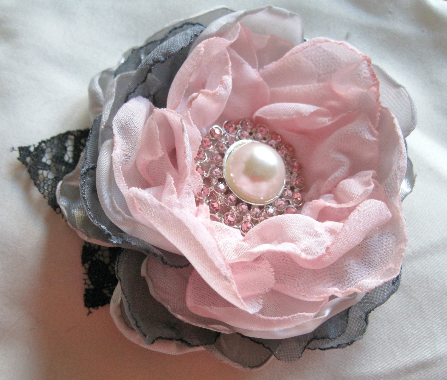 Shades of Grey and Pink Fabric Wedding Flower Hair Clip Bride, Bridesmaid, Mother of the Bride with Pearl and Pink Rhinestone Accent