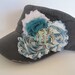 Grey Cadet Military Distressed Army Hat with Shabby Chiffon Flowers and a Beautiful Rhinestone Fish Pendant Accent