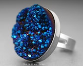 THE BLUE BOMBSHELL Bold Big Druzy Large Natural Stone Ring - 25mm Gemstone Ring With Silver Adjustable Band, Statement ooak.