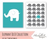 SALE - Elephant Collection Printable Art Set- Two coordinating 8" x 10" high resolution JPEGs - in Aqua - Instant Download