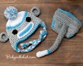 Children's Sock Monkey Blue and Grey Earflap and Diaper Cover with Tail Boys Crochet Hat