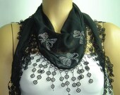 Black cotton scarf lace fringe - shiny studded bowties - mothers day scarf