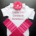 There's No Crying in Baseball Onesie Leg warmers and removable flower clip headband Set Pink Infant Baby Toddler Sizes