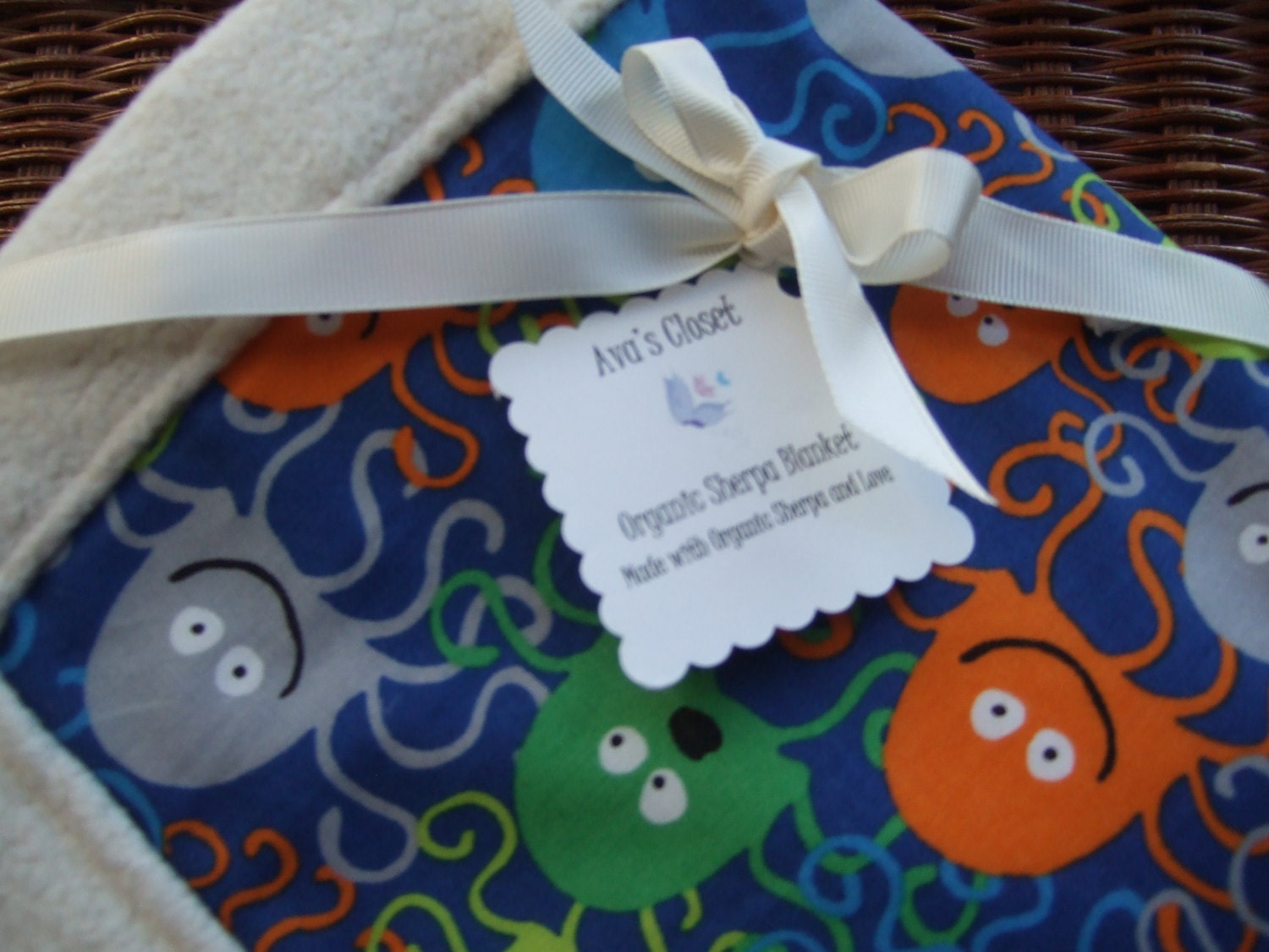 Boys Large Organic Cotton Sherpa Blanket  - Blue Multi Octopus
