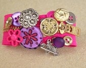 Pink Zipper Bracelet Purple Flowers Wheelbarrow Silver Charm