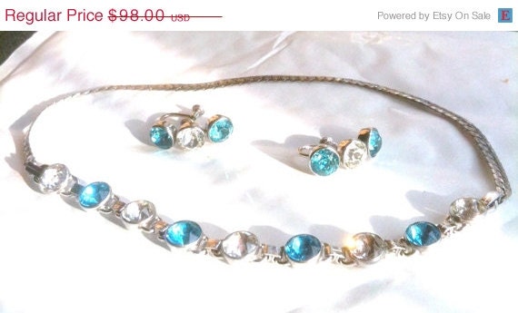 Sterling Silver Blue Rhinestone Choker Necklace Earrings 1940s Vintage Jewelry