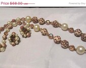 Carved Rose Pearl Crystal Necklace w Earrings 1950s Vintage Jewelry