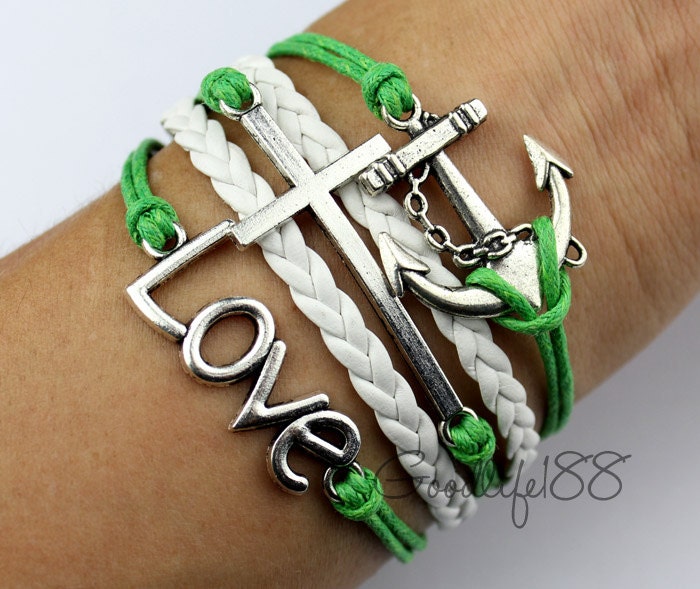 The anchor charm bracelet - LOVE bracelet - silver cross bracelet - white - green leather cord bracelet - women's bracelet