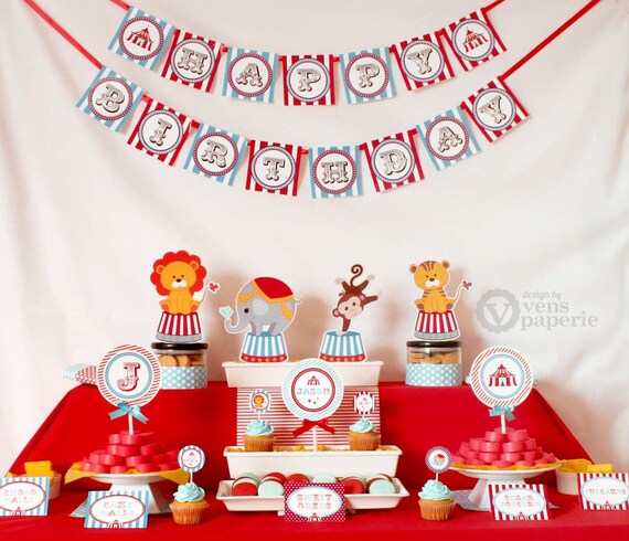 Vintage Carnival Circus Red Blue Birthday Party Package Personalized MINI Collection Set - PRINTABLE DIY - PS801CA1y Il_570xn
