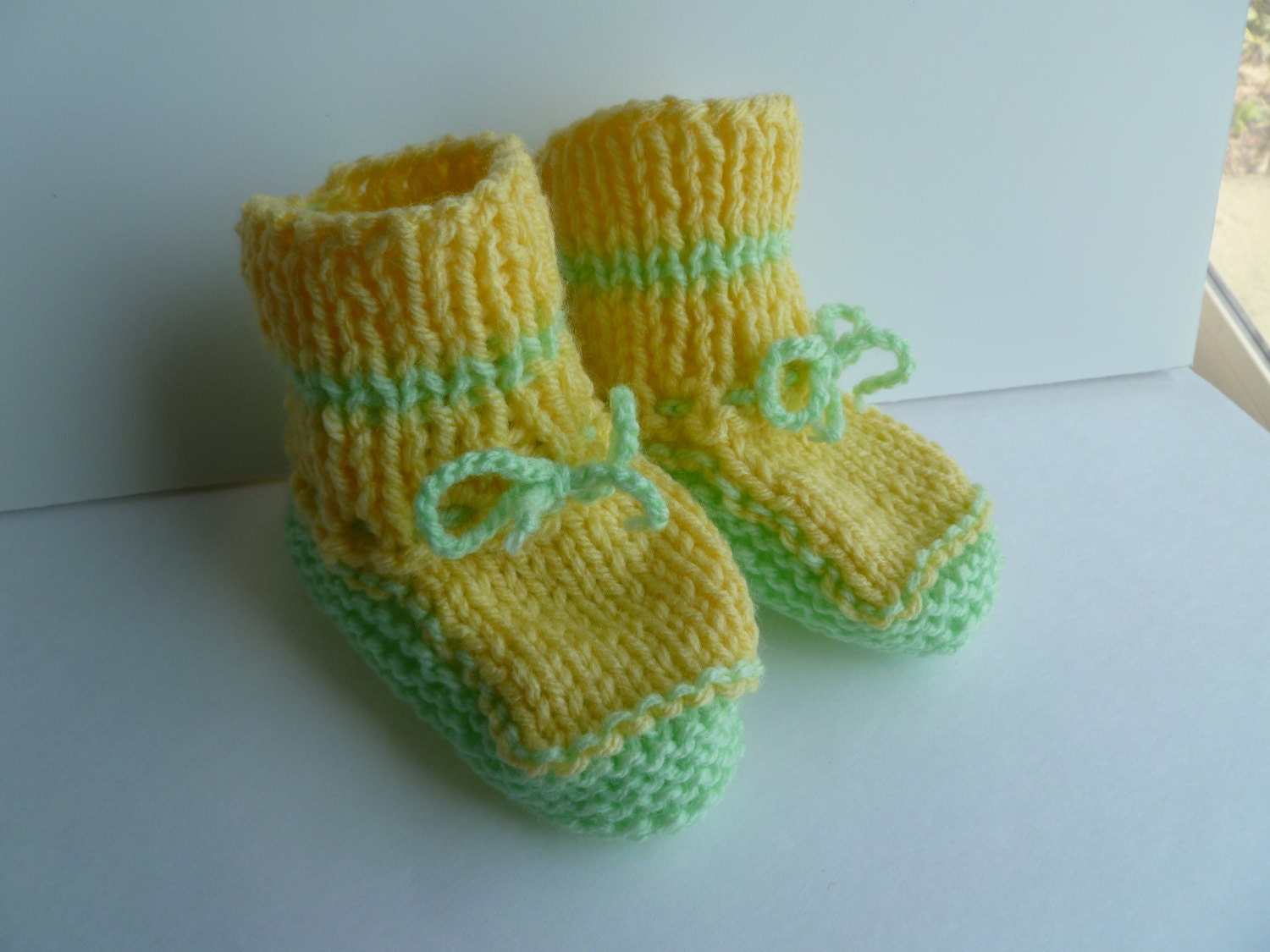 Baby Shower Booties Knitted  Soft Handmade Pastel Green Yellow Boy or Girl 3-6 Months Ready to Ship