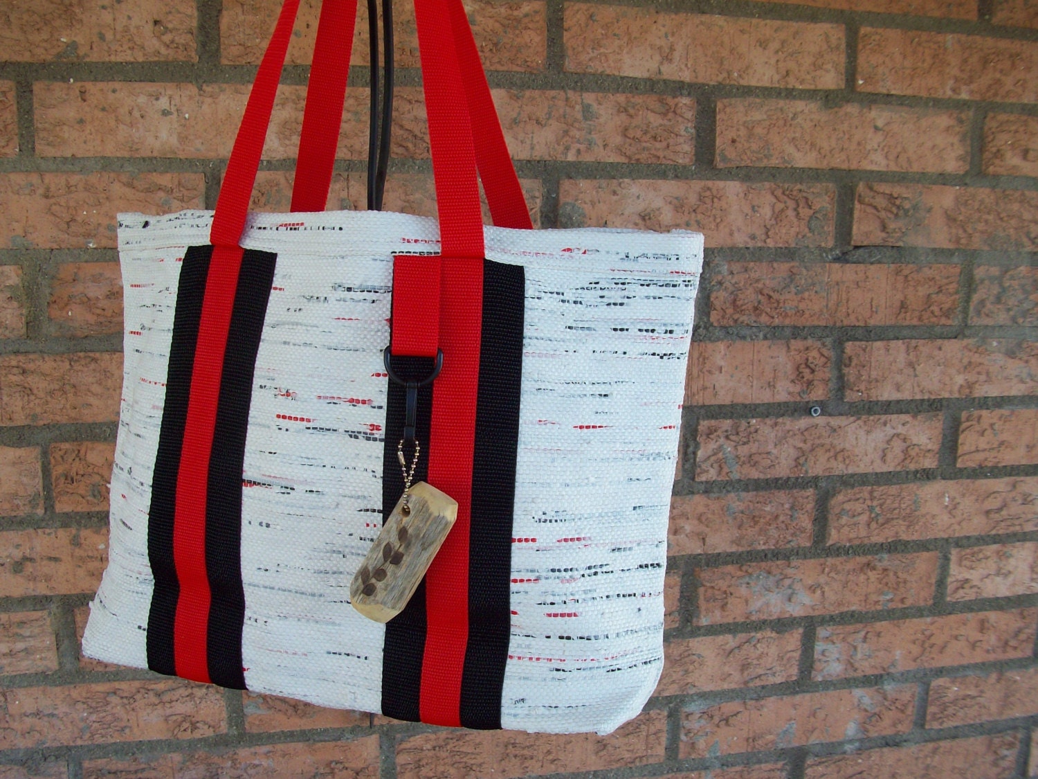 Hand Woven Plarn Tote or Market Bag - White, Red, Black
