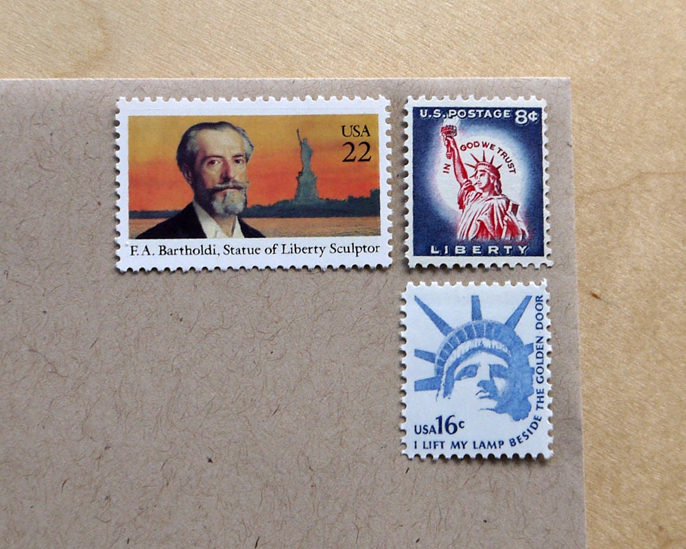 Vintage unused - Lady Liberty - New York themed postage stamps to post 5 letters - or use in scrapbooking and crafts