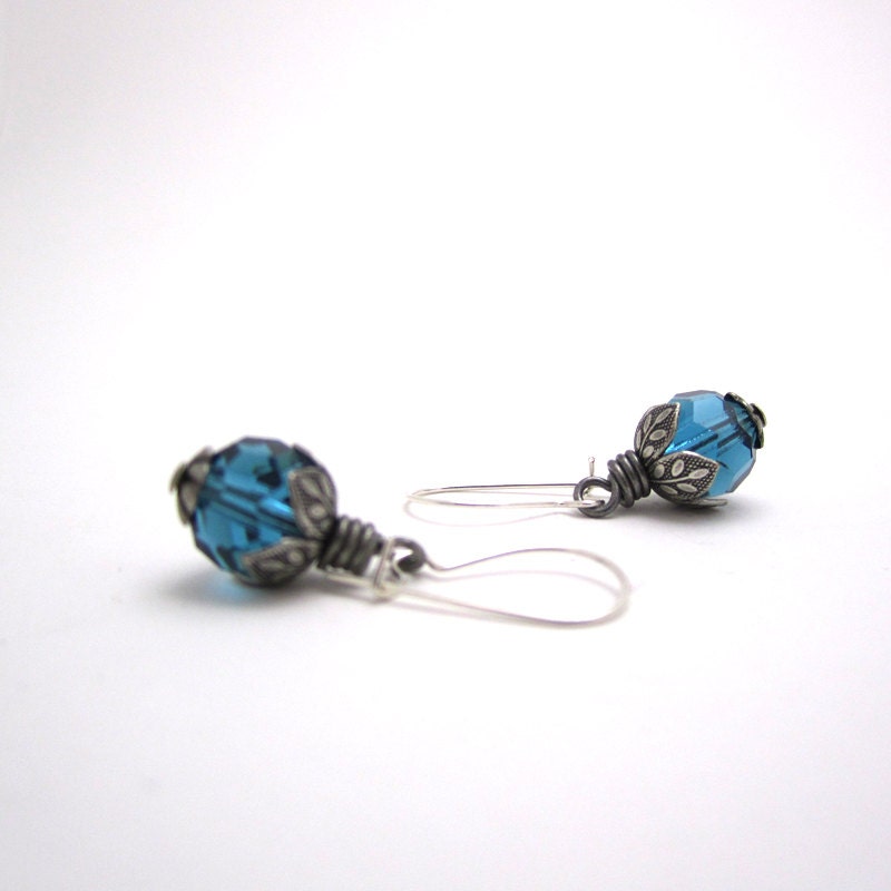 Blue Crystal Earrings - Indicolite Petrol Blue - Sterling Silver Kidney Hooks - Summer