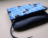 Navy blue leather clutch purse bag pouch with vintage silk fold over modern style