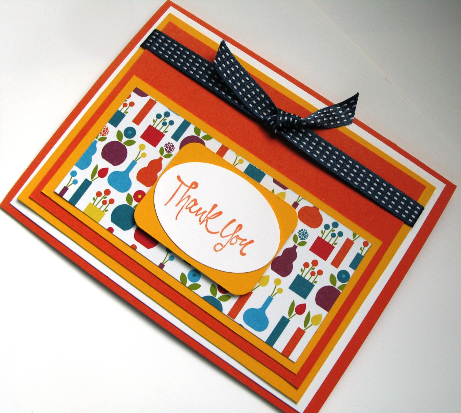Thank You Cards, Handmade, Set of 4, Orange and Yellow with White and Blue, 5 1/2" x 4 1/4"