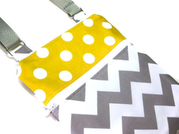 Grey chevron with yellow polka dot sling purse cross body bag adjustable strap small travel hipster bag