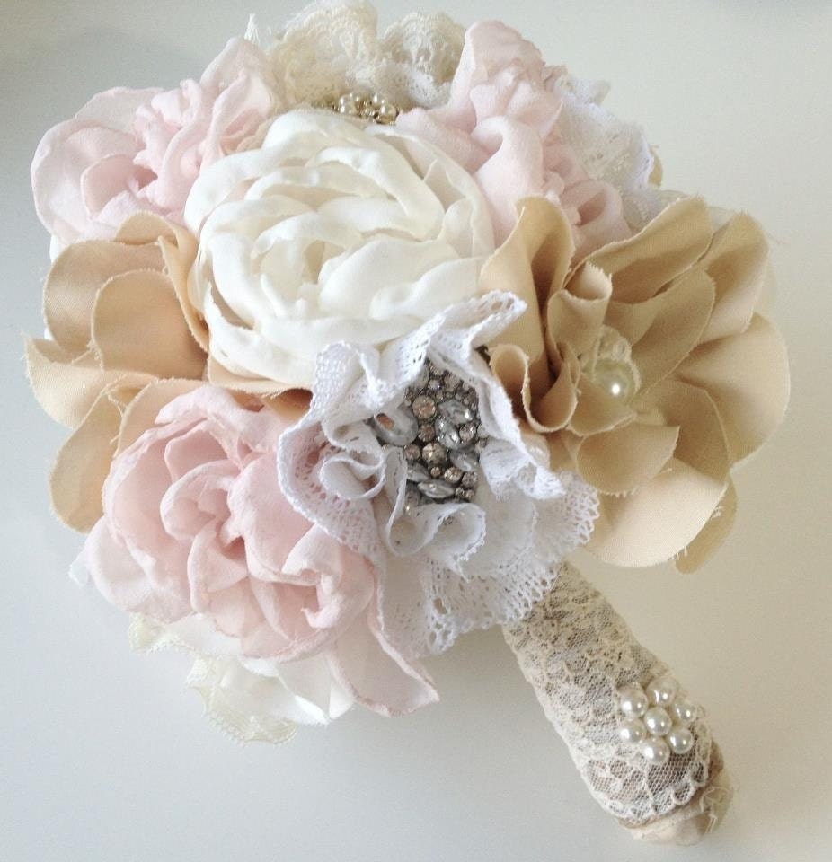 Fabric Flower Bouquet with Vintage Rhinestone Brooches and Lace - Alternative wedding bouquet - Rustic chic weddings