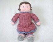 Hand Knit Baby Doll Sweetie, Brown Hair and Rose Pink Dress, Vintage Style Soft Waldorf Toy by Girlpower