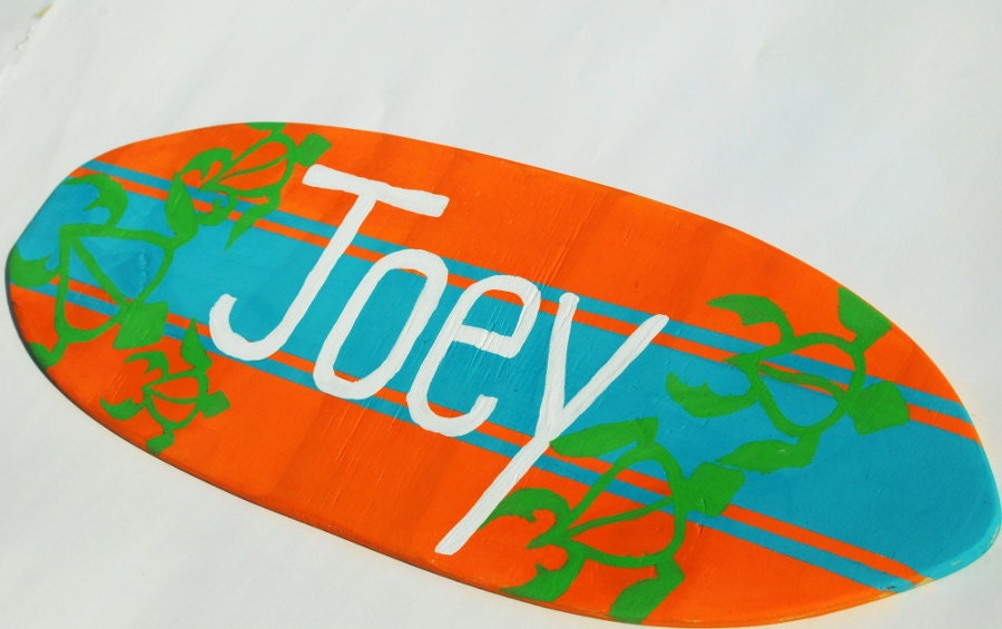 Surf Board Decor, Surfboard Wall Art, Beach Theme, 18 inch Orange Surfing Sign with Sea Turtles, Kids Nursery Room Baby Surfer Decor