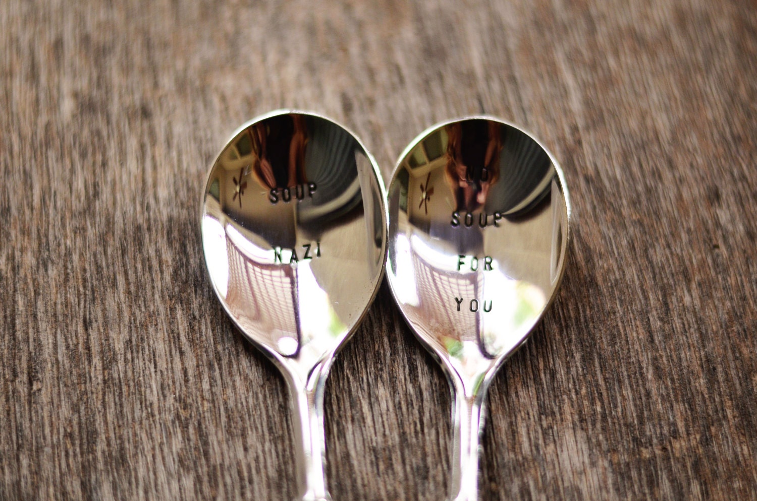 SOUP NAZI and NO Soup For You - Upcycled Vintage Silverware Spoon hand stamped Recycled Spoon