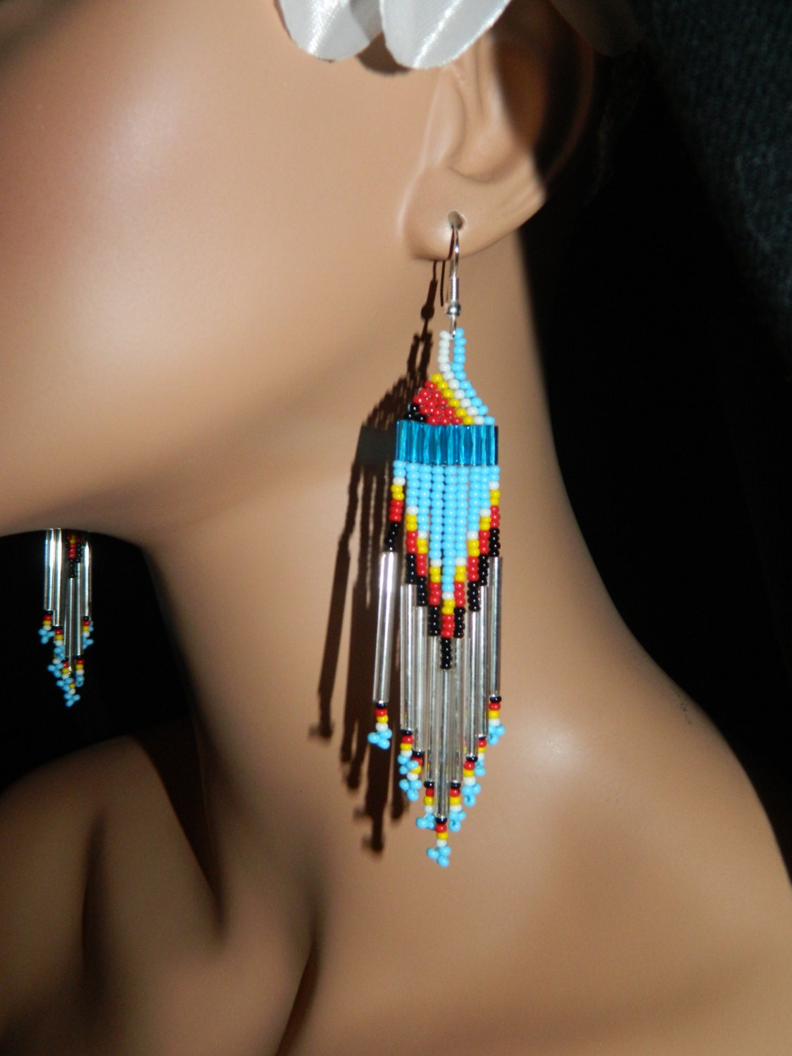 Native American "Silver Sensation" Long Dangle Beaded Earrings